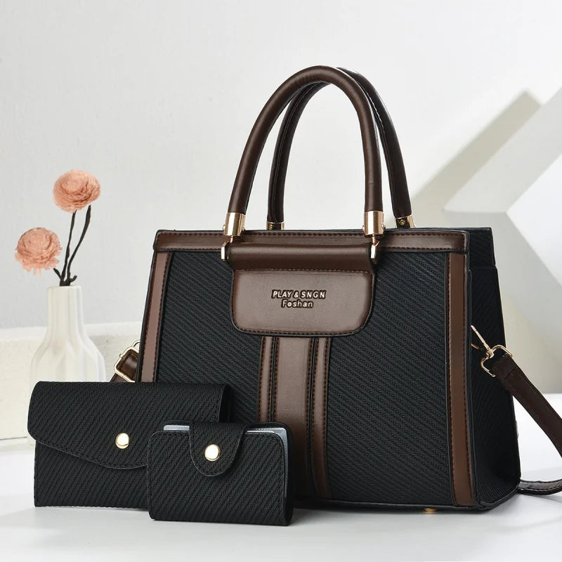 2025new Luxury Designer Women's 3-Piece PU Leather Handbags Wallet Set Shoulder Bags Nylon Zipper Closure