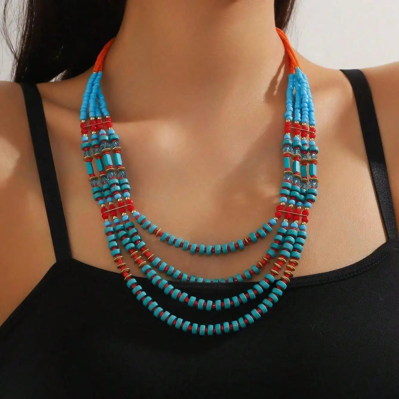Bohemian Multi Layer Turquoise Red Beaded Rope Chain Handmade Ethnic Statement Choker Necklace Women Western Style Jewelry