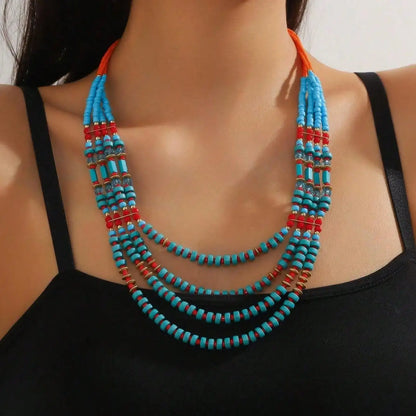 Bohemian Multi Layer Turquoise Red Beaded Rope Chain Handmade Ethnic Statement Choker Necklace Women Western Style Jewelry