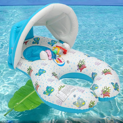 Baby Kids Inflatable Swimming Ring With Awning Safety Mother Children Double Swim Circle Safety Float Seat Pool Toys