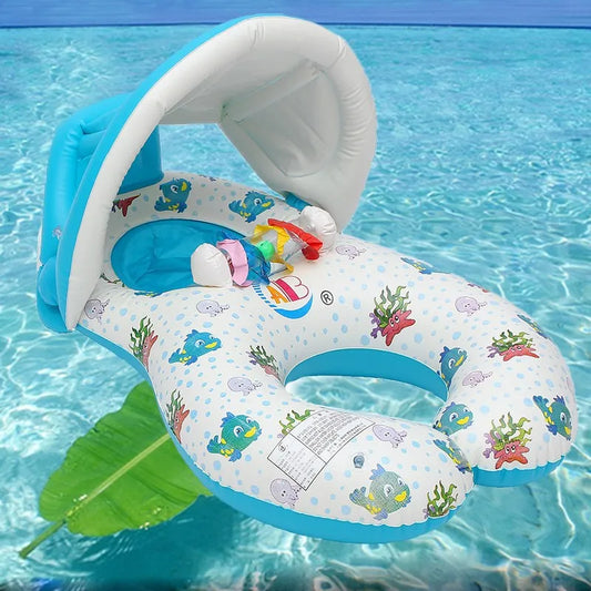Baby Kids Inflatable Swimming Ring With Awning Safety Mother Children Double Swim Circle Safety Float Seat Pool Toys