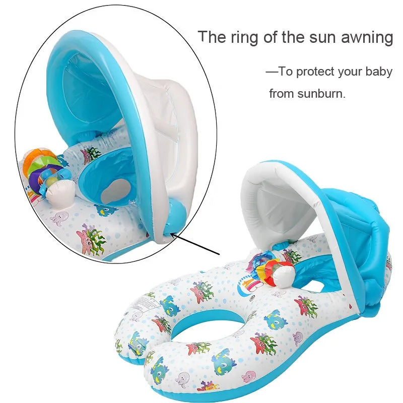 Baby Kids Inflatable Swimming Ring With Awning Safety Mother Children Double Swim Circle Safety Float Seat Pool Toys