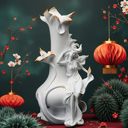 A Decorative Vase Featuring a Girl Sitting Sideways, Made of Resin with a Modern Design