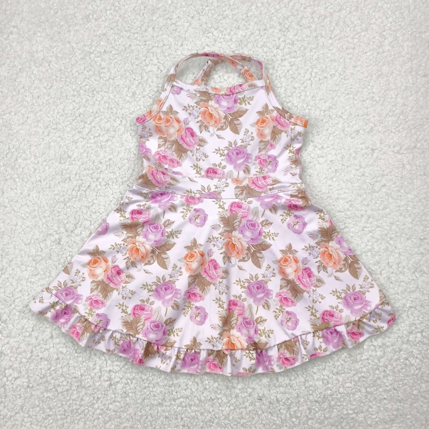 USA Warehouse Baby Girl Strap Colorful Flower Yoga Active Ruffle Short Wholesale Boutique Knee Length Dress Ready to Ship No moq