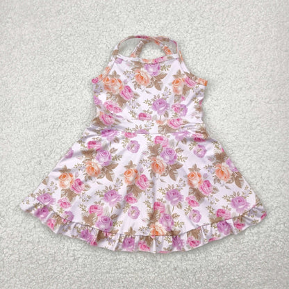 USA Warehouse Baby Girl Strap Colorful Flower Yoga Active Ruffle Short Wholesale Boutique Knee Length Dress Ready to Ship No moq