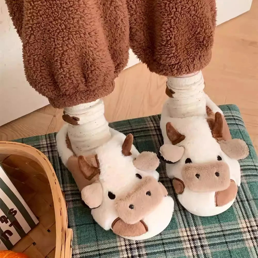 XIXITIAO Hot Sale Cute Warm Home Slippers for Women&Girls Soft Plush Non-Slip Sole Slides Cow Fuzzy Animal Winter Shoes