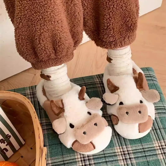 XIXITIAO Hot Sale Cute Warm Home Slippers for Women&Girls Soft Plush Non-Slip Sole Slides Cow Fuzzy Animal Winter Shoes