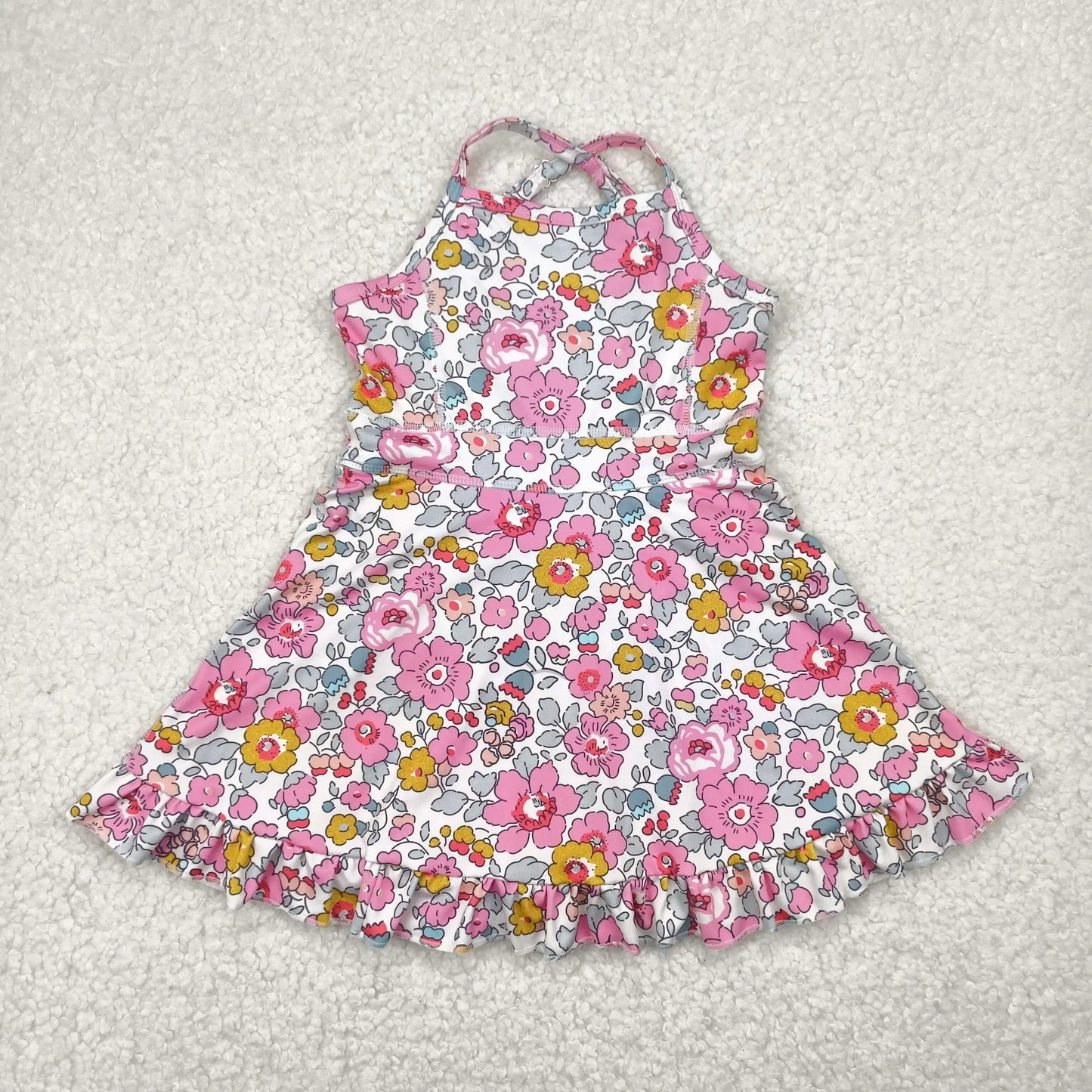USA Warehouse Baby Girl Strap Colorful Flower Yoga Active Ruffle Short Wholesale Boutique Knee Length Dress Ready to Ship No moq