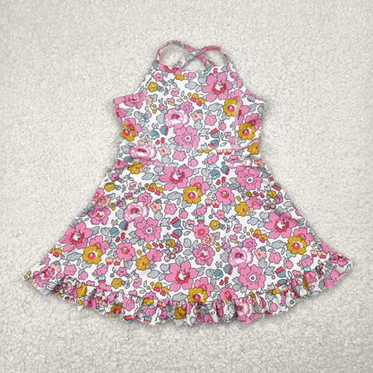 USA Warehouse Baby Girl Strap Colorful Flower Yoga Active Ruffle Short Wholesale Boutique Knee Length Dress Ready to Ship No moq