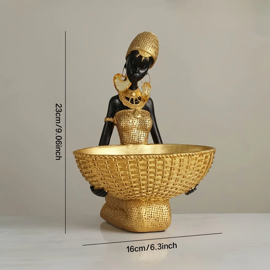 African Gold Vintage Statues for Home Decor, Vintage African Girl Home Ethnic Style Craft Resin Ornament for Living Room Decor