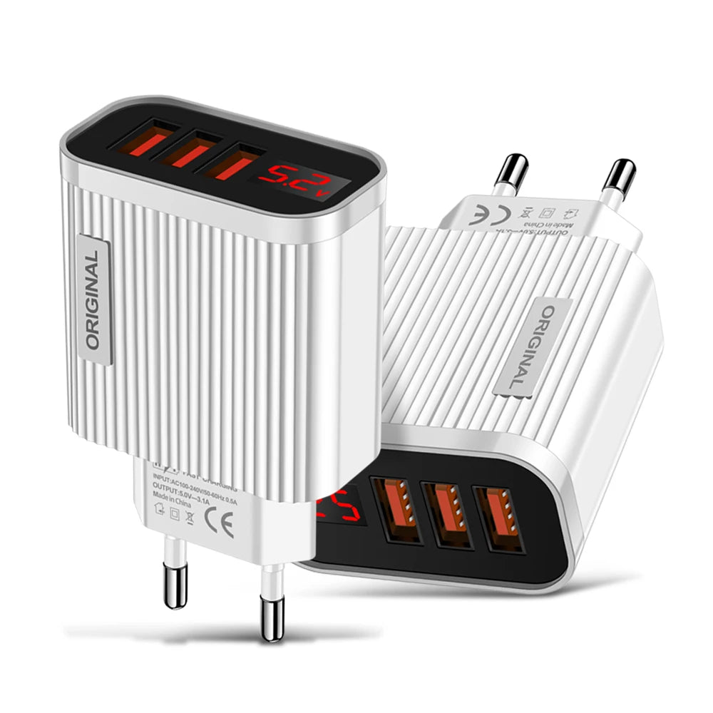 5V 3.1A 3 USB Charging Ports  Universal Wall For iPhone 12 Samsung Xiaomi Huawei Mobile Phone Chargers LED Display Fast Charger