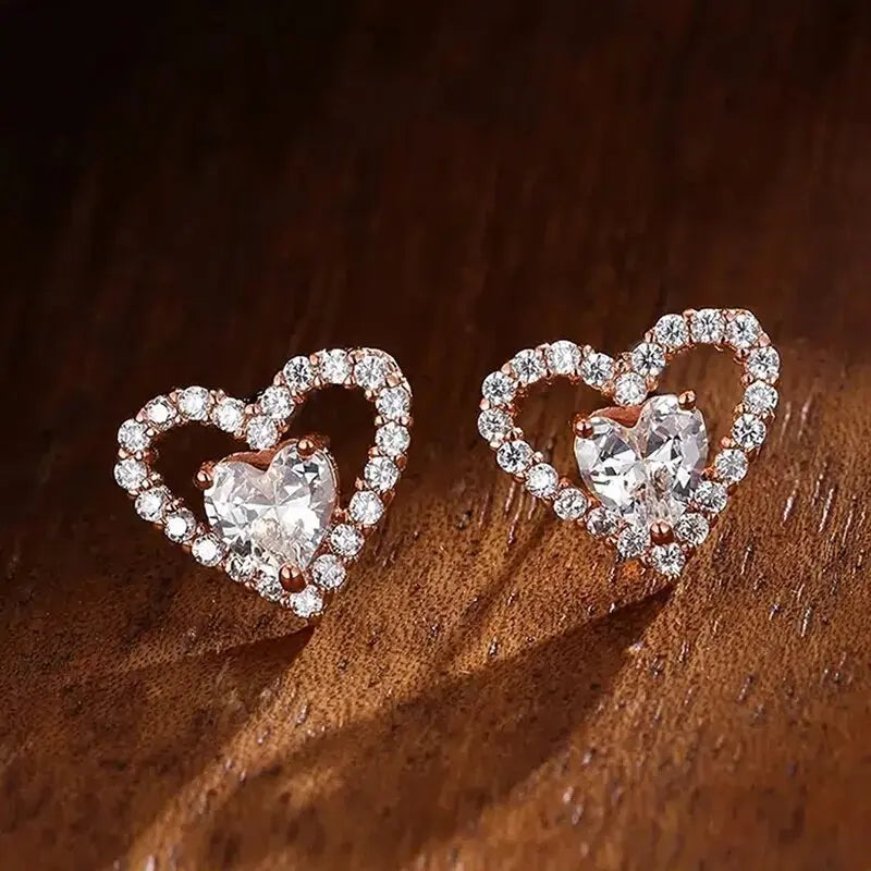Rose Gold Heart Stud Earrings With Crystal Inlay For Women Everyday Wear