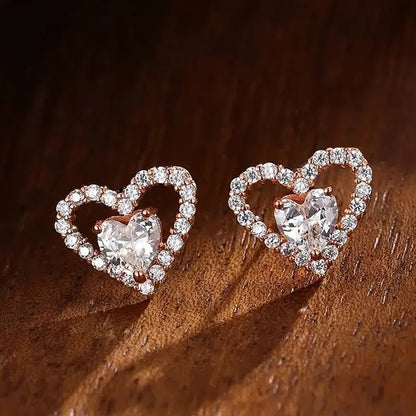 Rose Gold Heart Stud Earrings With Crystal Inlay For Women Everyday Wear