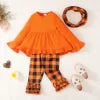 Catpapa Local Warehouse Halloween Girl 3pcs Autumn Clothing Sets for Girls Ruffle Long Plaid Pants Outfits with Stylish Dresses