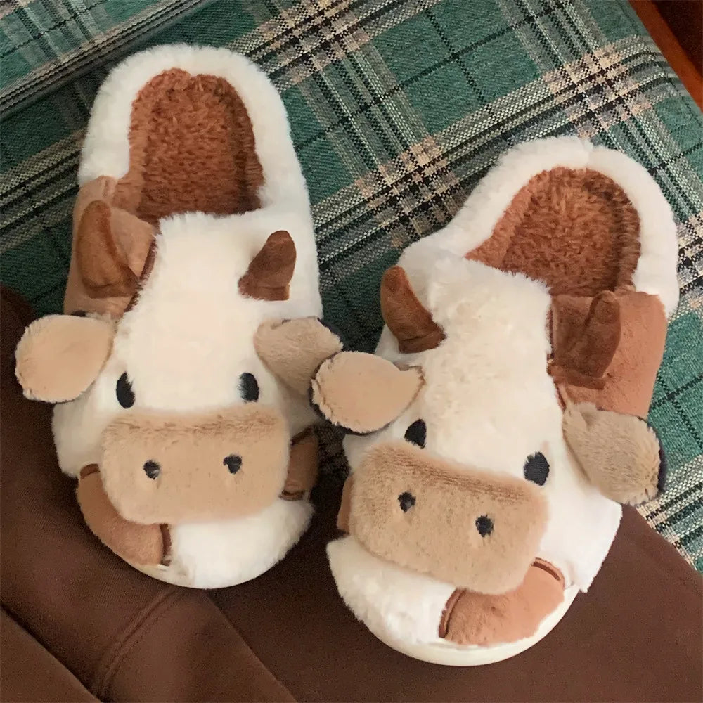 XIXITIAO Hot Sale Cute Warm Home Slippers for Women&Girls Soft Plush Non-Slip Sole Slides Cow Fuzzy Animal Winter Shoes