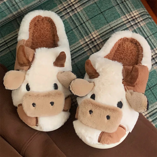 XIXITIAO Hot Sale Cute Warm Home Slippers for Women&Girls Soft Plush Non-Slip Sole Slides Cow Fuzzy Animal Winter Shoes