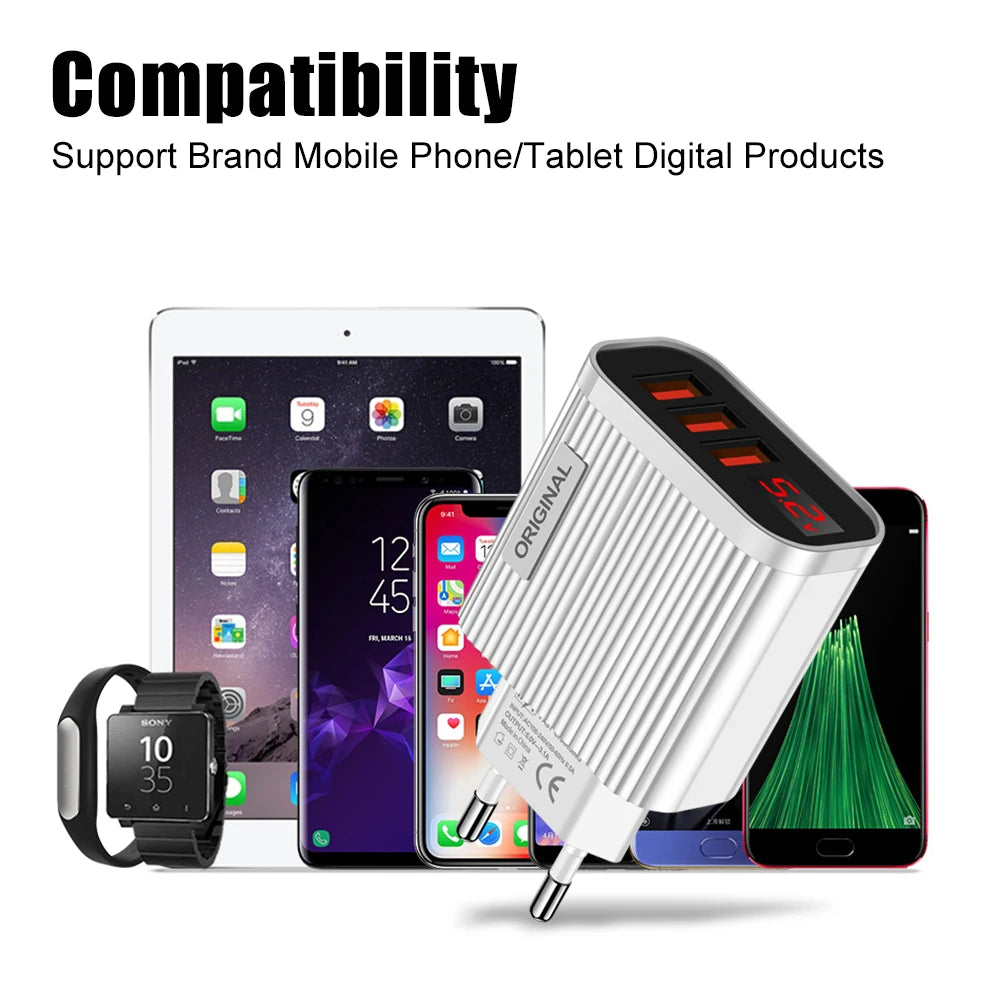 5V 3.1A 3 USB Charging Ports  Universal Wall For iPhone 12 Samsung Xiaomi Huawei Mobile Phone Chargers LED Display Fast Charger
