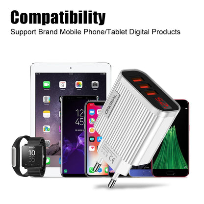 5V 3.1A 3 USB Charging Ports  Universal Wall For iPhone 12 Samsung Xiaomi Huawei Mobile Phone Chargers LED Display Fast Charger