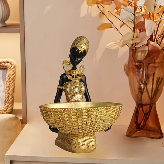 African Gold Vintage Statues for Home Decor, Vintage African Girl Home Ethnic Style Craft Resin Ornament for Living Room Decor