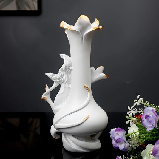 A Decorative Vase Featuring a Girl Sitting Sideways, Made of Resin with a Modern Design