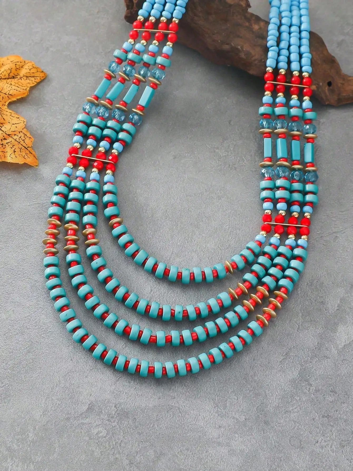 Bohemian Multi Layer Turquoise Red Beaded Rope Chain Handmade Ethnic Statement Choker Necklace Women Western Style Jewelry