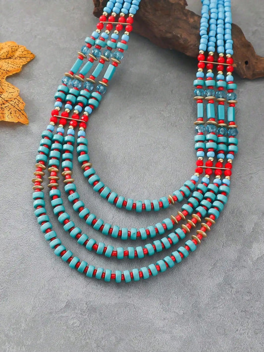Bohemian Multi Layer Turquoise Red Beaded Rope Chain Handmade Ethnic Statement Choker Necklace Women Western Style Jewelry