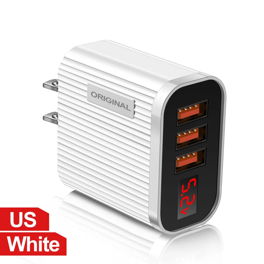 5V 3.1A 3 USB Charging Ports  Universal Wall For iPhone 12 Samsung Xiaomi Huawei Mobile Phone Chargers LED Display Fast Charger