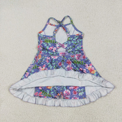 USA Warehouse Baby Girl Strap Colorful Flower Yoga Active Ruffle Short Wholesale Boutique Knee Length Dress Ready to Ship No moq