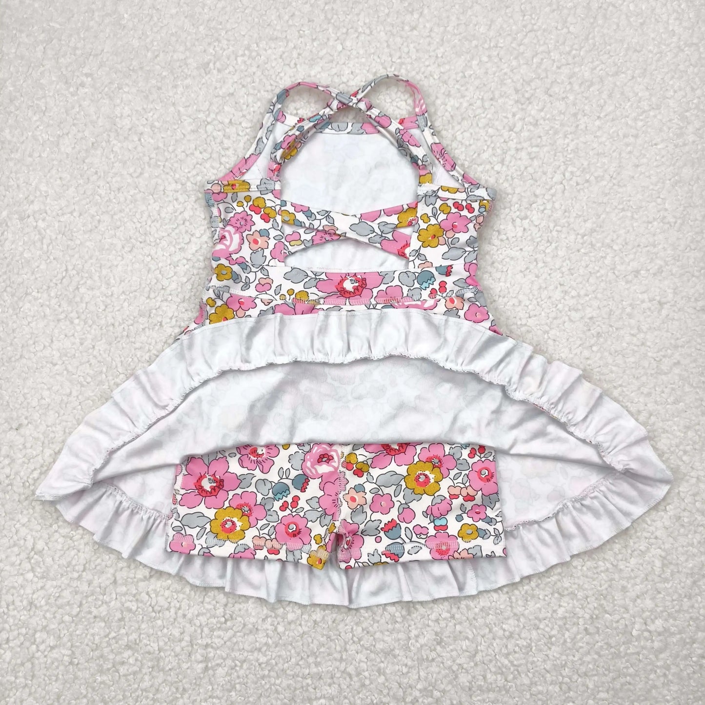 USA Warehouse Baby Girl Strap Colorful Flower Yoga Active Ruffle Short Wholesale Boutique Knee Length Dress Ready to Ship No moq