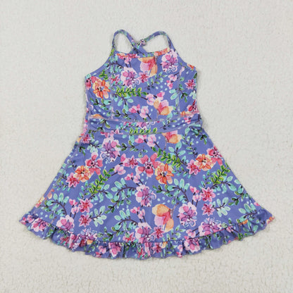 USA Warehouse Baby Girl Strap Colorful Flower Yoga Active Ruffle Short Wholesale Boutique Knee Length Dress Ready to Ship No moq