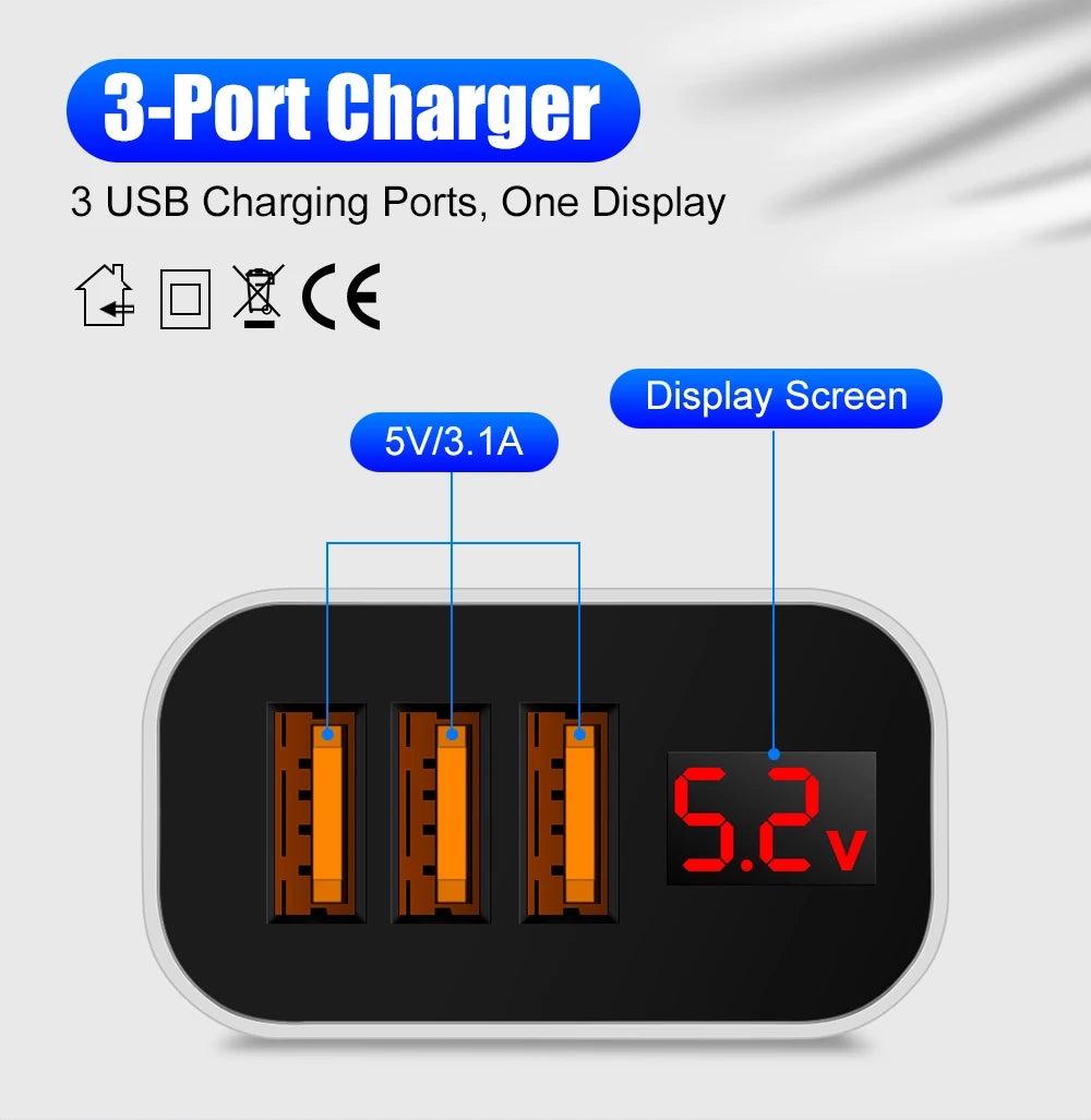 5V 3.1A 3 USB Charging Ports  Universal Wall For iPhone 12 Samsung Xiaomi Huawei Mobile Phone Chargers LED Display Fast Charger