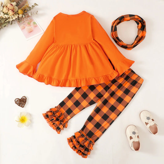 Catpapa Local Warehouse Halloween Girl 3pcs Autumn Clothing Sets for Girls Ruffle Long Plaid Pants Outfits with Stylish Dresses
