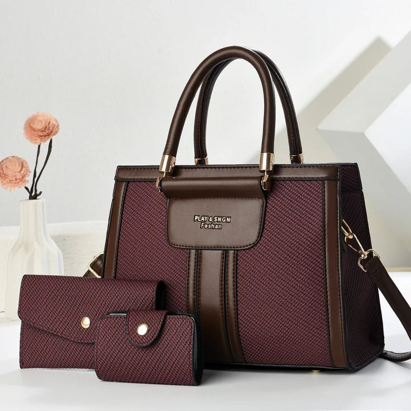 2025new Luxury Designer Women's 3-Piece PU Leather Handbags Wallet Set Shoulder Bags Nylon Zipper Closure