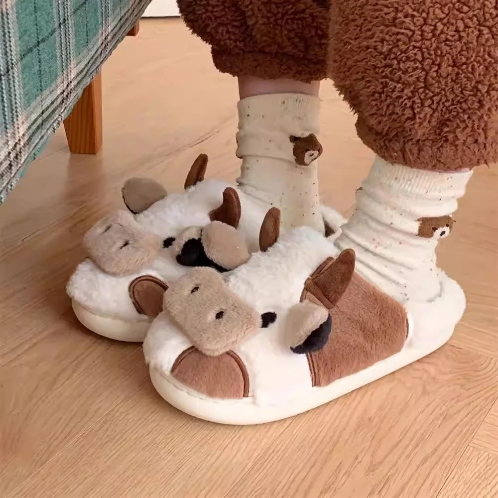 XIXITIAO Hot Sale Cute Warm Home Slippers for Women&Girls Soft Plush Non-Slip Sole Slides Cow Fuzzy Animal Winter Shoes