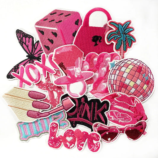 15 Pcs Pink Embroidered Patches Set Trendy Iron on Cute Love Disco Bag Ring Butterfly Girl Style Patch for Jacket Backpack