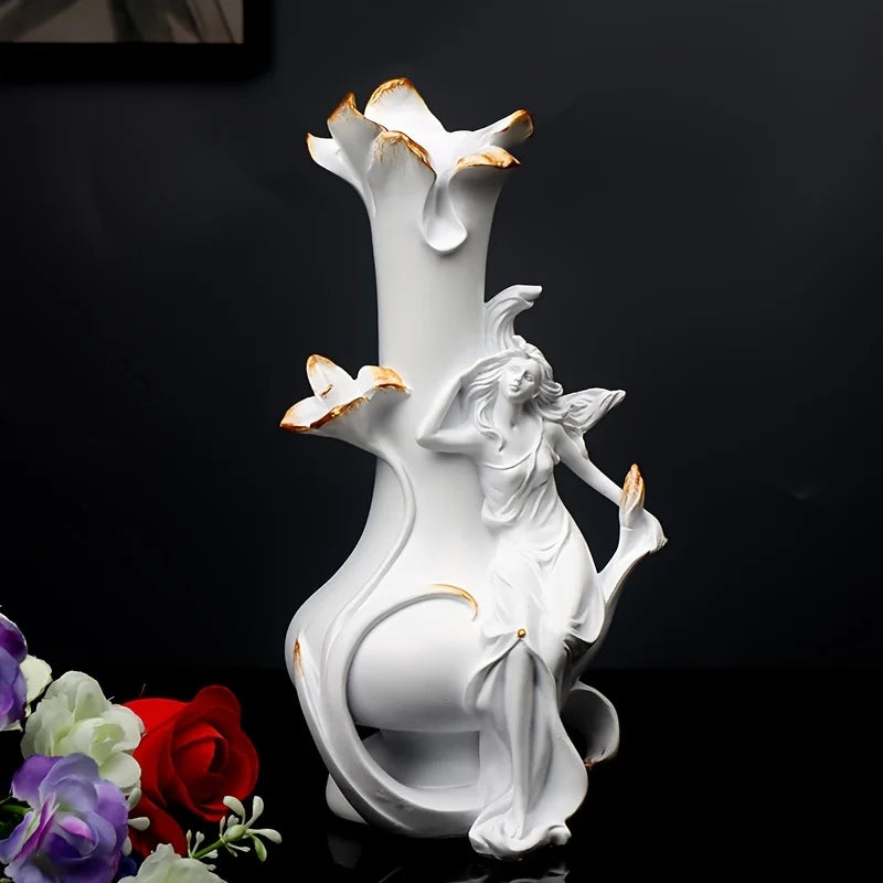 A Decorative Vase Featuring a Girl Sitting Sideways, Made of Resin with a Modern Design