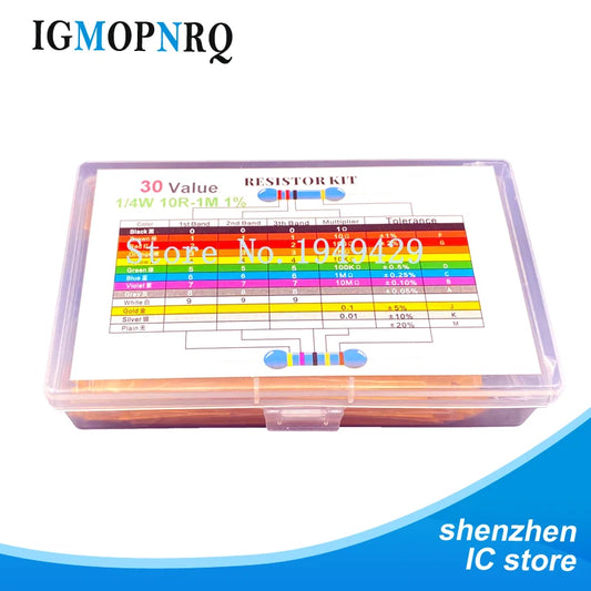 600PCS 1/4W Metal Film Resistor Kit box 1% Resistor Assorted Kit Set 10R -1M Ohm  Resistance Pack 30 Values each 20 pcs