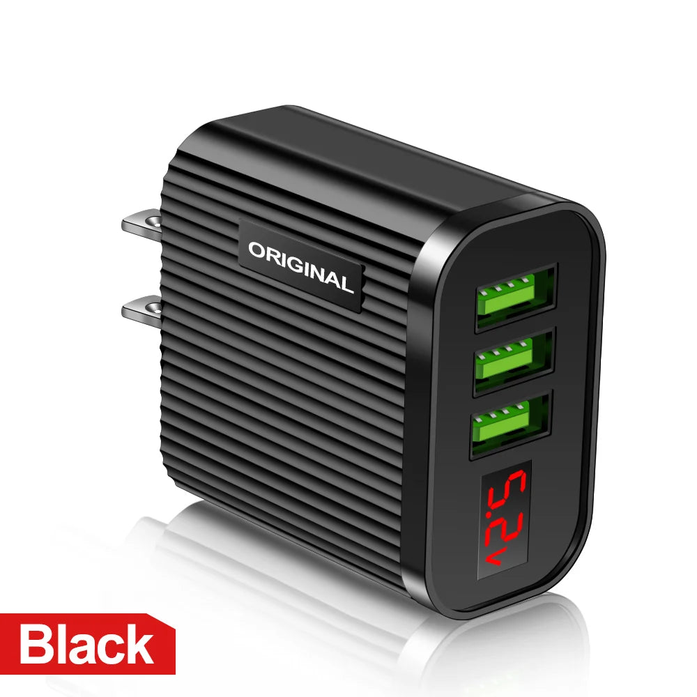 5V 3.1A 3 USB Charging Ports  Universal Wall For iPhone 12 Samsung Xiaomi Huawei Mobile Phone Chargers LED Display Fast Charger