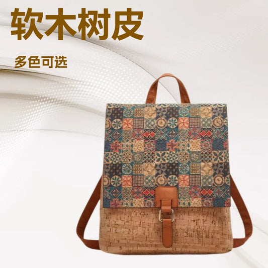 Cross-Border New Model 2026 Fashion Retro Printed Bark Cork Flip-Top Backpack Women's Large Capacity Backpack
