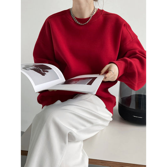Luxi 2025 Autumn and Winter New Style Velvet Thickeneded Burgundy Sweatshirt for Women Korean Style Normcore Long-Sleeved Pullover Top 2628