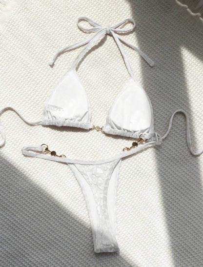 2025 European and American New Sexy T-Shaped Pearl Leopard Print Special Fabric Swimsuit Bikini Bikini Cross-Border