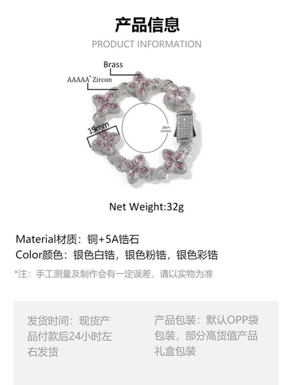 Hip-Hop Rap Chain Infinite Four-Leaf Clover Bracelet Fashionable Trendy Cool Handsome High-End 5A Zircon Colorful Necklace Jewelry