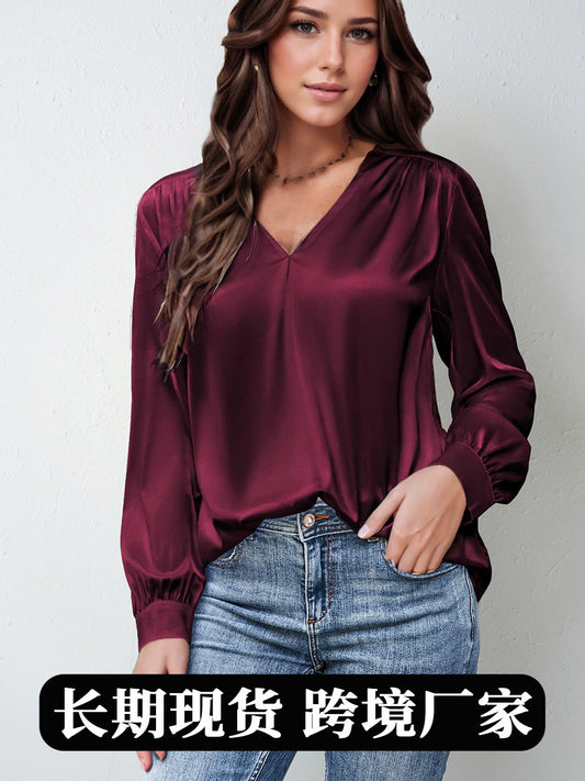 2026 Amazon Hot-Selling Women's Clothing Satin Pleated Long-Sleeve Top V-Neck Casual Loose Satin Commuter Shirt