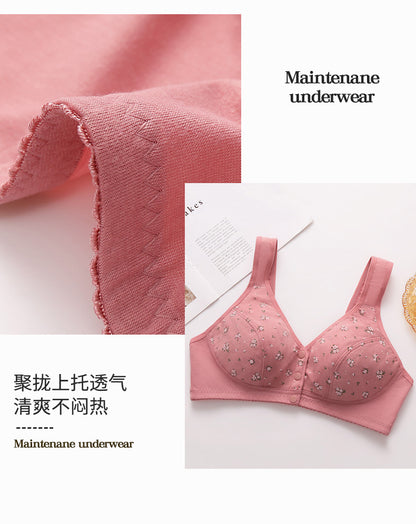 Front Button Middle-Aged and Elderly Large Size Push-Up Bra Thin Underwear Women's Soft Cotton Printed Wire-Free Vest Style Underwear