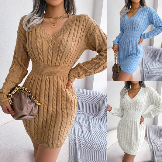 Ins Style Real Shot Autumn and Winter European and American Fashion Waist Twist Hip Dress Sweater Skirt Amazon Cross-Border Women's Clothing