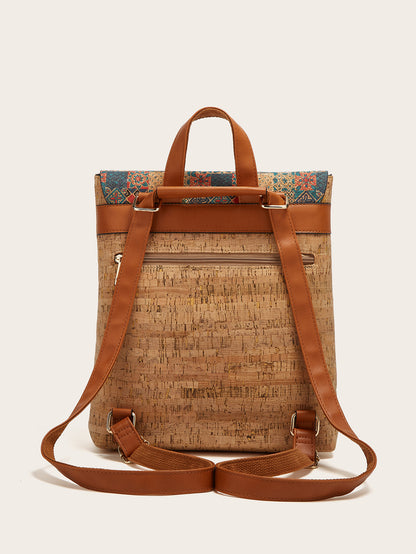 Cross-Border New Model 2026 Fashion Retro Printed Bark Cork Flip-Top Backpack Women's Large Capacity Backpack