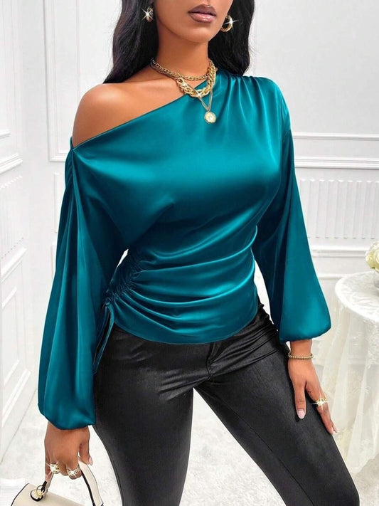 Amazon Cross-Border European and American New Women's Satin Shirt Spring and Summer Asymmetrical Long-Sleeved Slope Collar Shirt Top