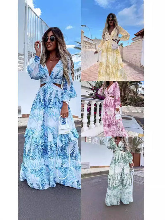 Cross-Border European and American Fashion Women's Clothing Spring and Summer New Long Dress Printed V-Neck Sexy Long-Sleeved Beach Dress
