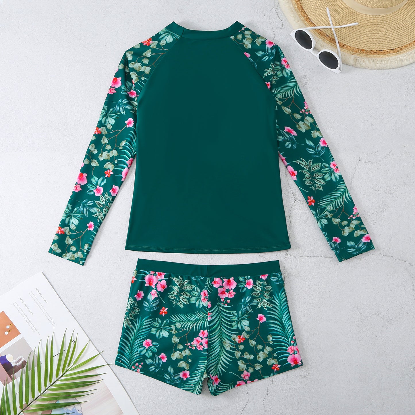 2025 New European and American Foreign Trade Cross-border Swimsuit Women's Long-sleeved Digital Printing Conservative Women's Split Bikini Swimsuit