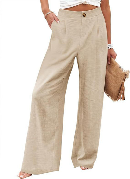 2026 Cross-Border Amazon European and American Summer Comfortable High-Waisted Long Pants with Buttons and Elastic Waist Wide-Leg Pants for Women Casual Straight-Leg Pants